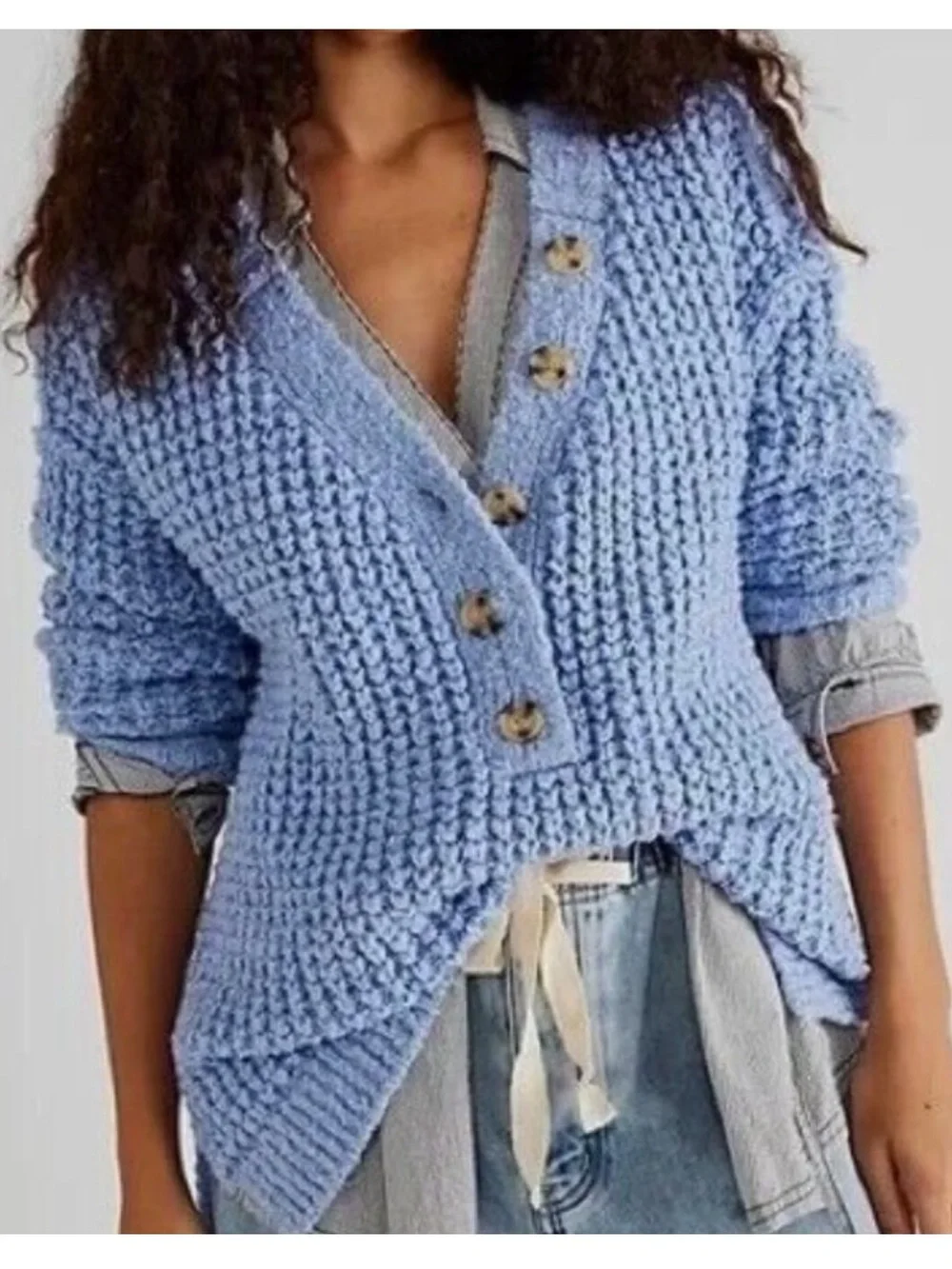 NWT Free People Whistle Thermal Henley, Blue, Sz M MSRP $148